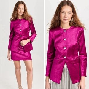 Veronica Beard Cencia Woven Satin Crystal Button Blazer Jacket Fuchsia Pink